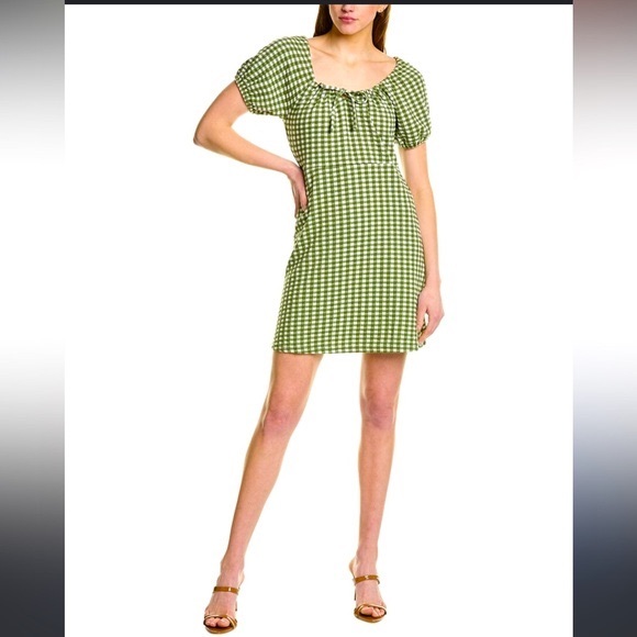 Madewell / Women's Puff Sleeve / Green White Knit Gingham Mini Dress / Medium - Picture 4 of 11